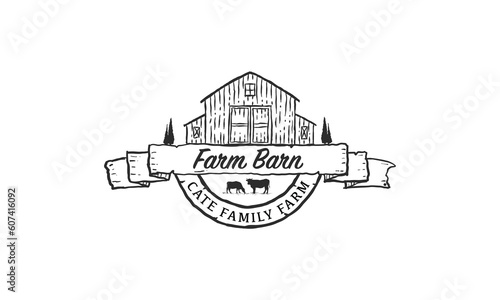 Farm Barn concept logo. Template with farm landscape. Label for natural farm products. Black logotype isolated on white background. Vector illustration.