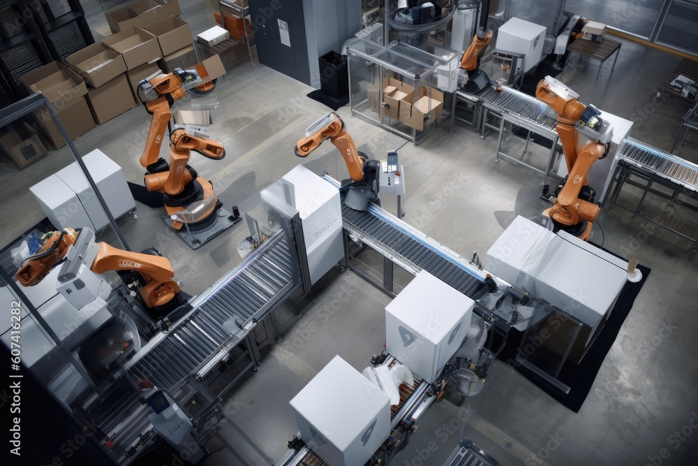 packaging and sorting robots working together to swiftly and efficiently sort large quantities of packages, created with generative ai packaging and sorting robots working together to swiftly and efficiently sort large quantities of packages, created with generative ai