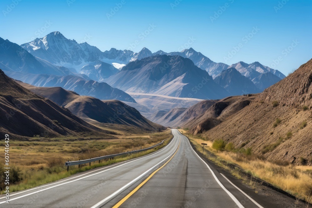 Naklejka premium scenic highway with towering mountain range in the background, created with generative ai