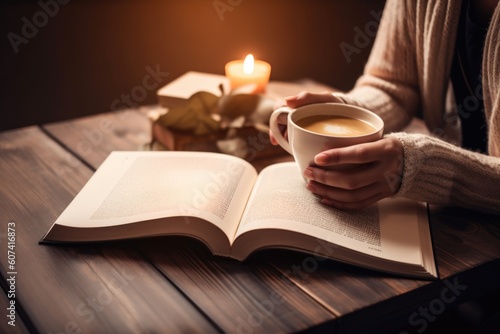 person, enjoying hot cup of coffee, while reading favorite book, created with generative ai