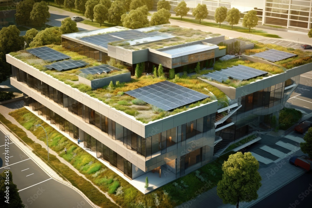 Sustainable business architecture building with green roofs, solar panels, and efficient energy systems, showcasing an environmentally conscious approach - Generative AI