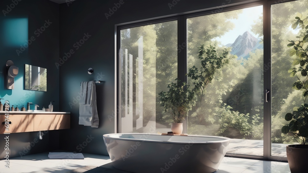 Fototapeta premium A Modern. Minimalist Bathroom With Scandinavian Decor And A Beautiful Nature View From The Window. Rendered In 3d. Generative AI