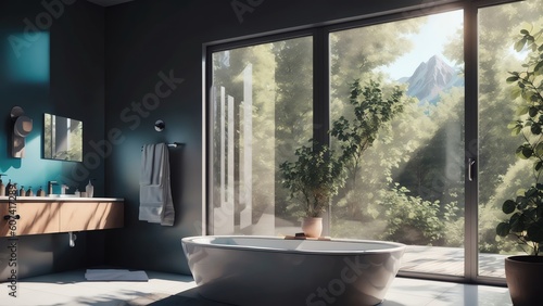 A Modern. Minimalist Bathroom With Scandinavian Decor And A Beautiful Nature View From The Window. Rendered In 3d. Generative AI