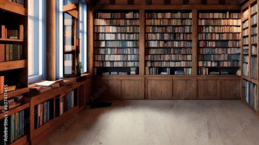 Antique Books In A Timbered Library. Generative AI