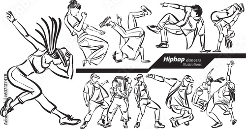 hip hop dancers set collection profession work doodle design drawing vector illustration