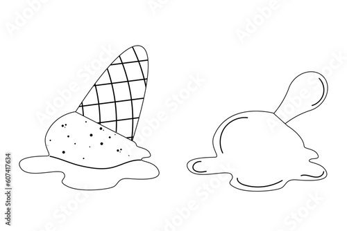 Hand drawn outline  ice cream melted in an upside down doodle design. Ice cream falling on the floor