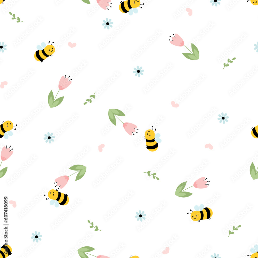 Seamless pattern with tulip flower, hearts and flying bee cartoon on white background vector illustration. Cute childish print.