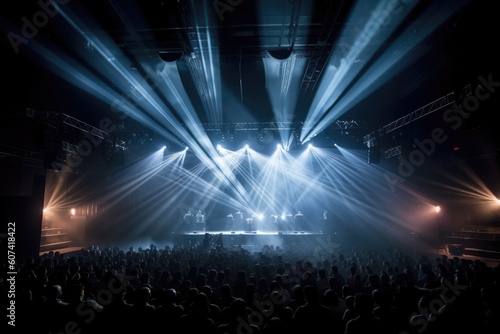 concert hall with full stage production, lights and smoke for highly visual performance, created with generative ai