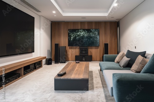 a living room with a widescreen tv and sleek audio system  ready for a video conference or stream  created with generative ai