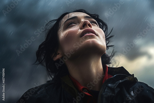 A beautiful woman looking up in the rain, generative AI illustration