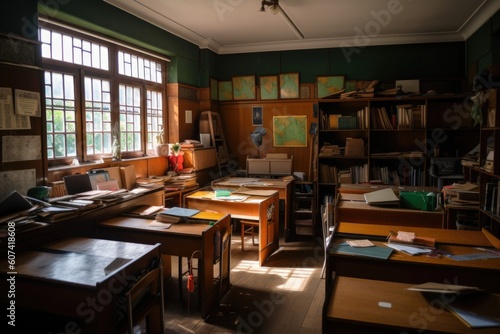 a schoolroom, with desks and chairs in neat rows, bookshelves filled with learning materials, and a blackboard for lessons, created with generative ai