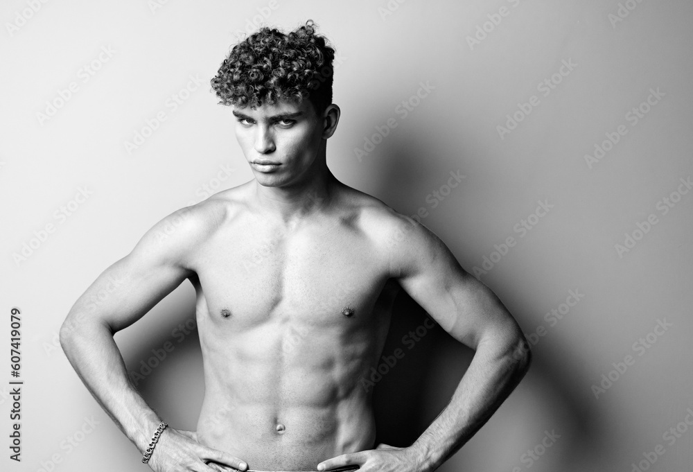 Fototapeta premium man bodybuilder shirtless caucasian sport athlete stylish beauty young white bodybuilding black and white