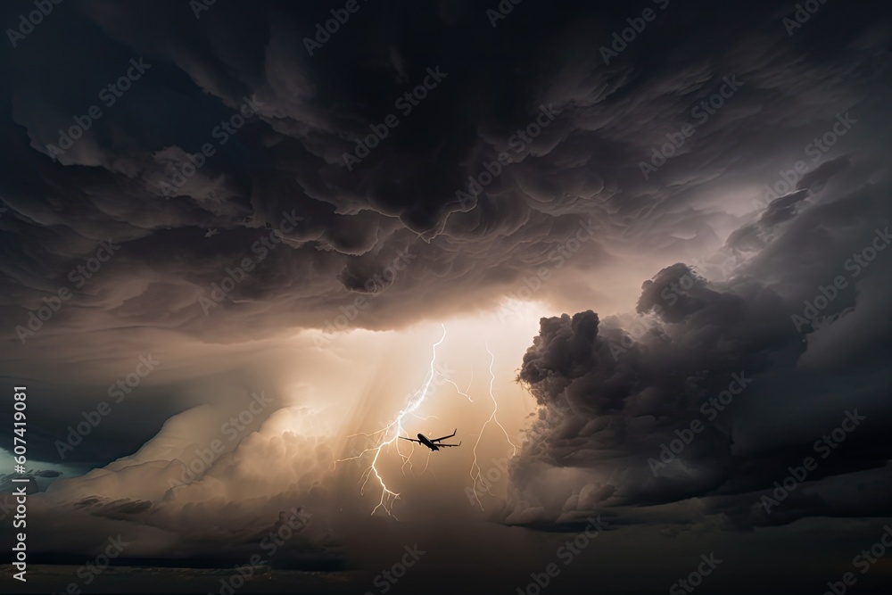 Fototapeta premium storm chaser flying through thunderstorm, capturing dramatic storm clouds and lightning, created with generative ai