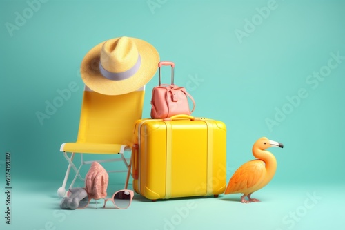 concept leaf blue sunglasses summer travel flamingo suitcase background vacation yellow. Generative AI.