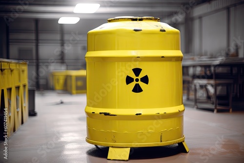 close-up of nuclear waste container, with the radioactive symbol clearly visible, created with generative ai
