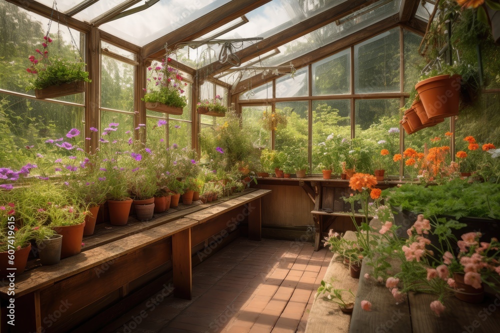 greenhouse with hanging baskets, flowering plants and wooden bench, created with generative ai