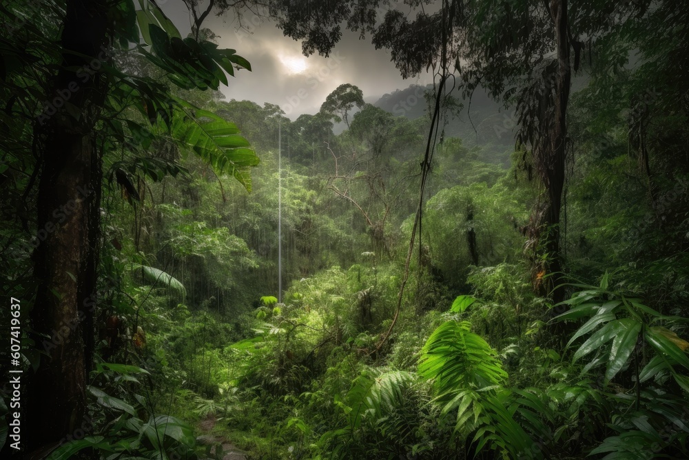 Obraz premium lush jungle with thunderstorm overhead and lightning strikes, created with generative ai