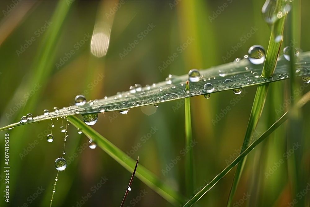 close-up of dewdrop on blade of grass in meadow, created with generative ai close-up of dewdrop on blade of grass in meadow, created with generative ai