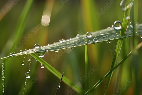 close-up of dewdrop on blade of grass in meadow, created with generative ai