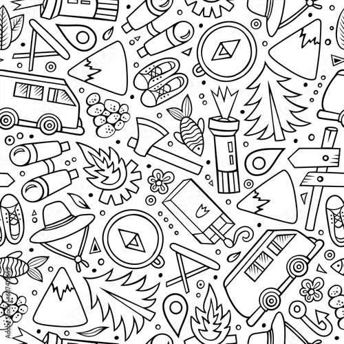 Cartoon vector doodles camping seamless pattern