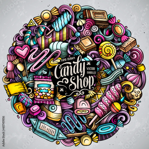 Sweet Candies cartoon vector doodle round illustration.