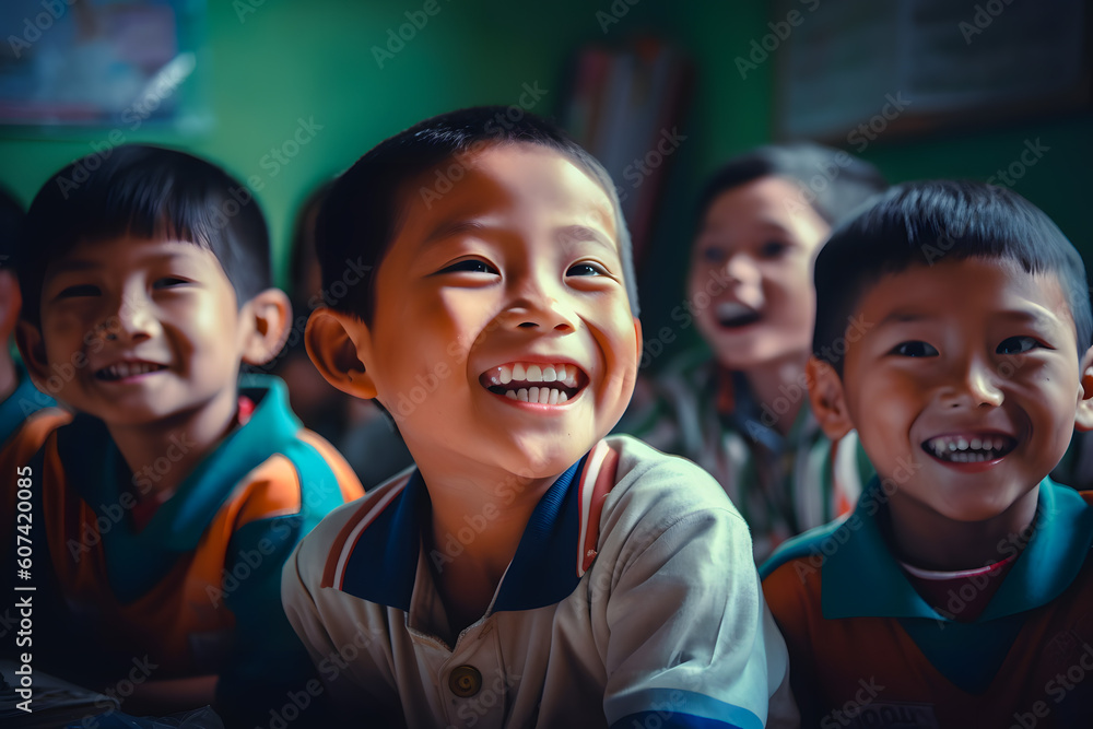 Academic Concept. Smiling junior asian school boys and girls sitting at desk in classroom, posing and looking at camera. Group of diverse classmates studying. Generative AI. Academic Concept. Smiling junior asian school boys and girls sitting at desk in classroom, posing and looking at camera. Group of diverse classmates studying. Generative AI.
