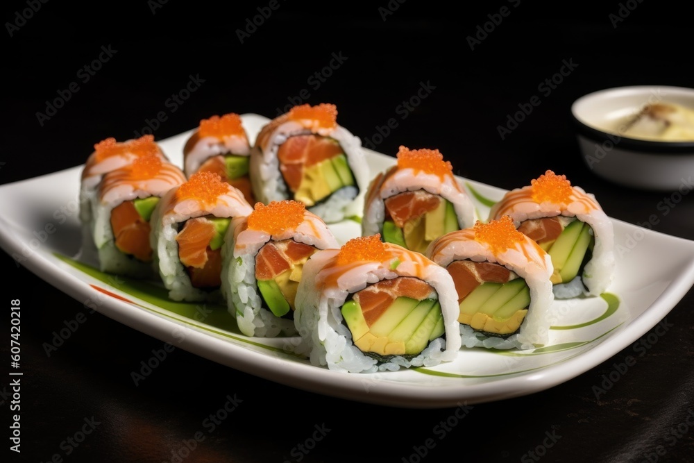 plate of sushi rolls with fusion twist: smoked salmon and cream cheese, spicy tuna wrapped in cucumber, created with generative ai