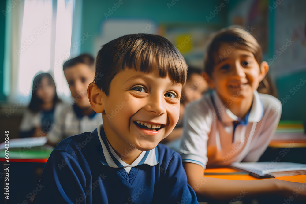 Academic Concept. Smiling junior school boys and girls sitting at desk in classroom, posing and looking at camera. Group of diverse classmates studying. Generative AI. Academic Concept. Smiling junior school boys and girls sitting at desk in classroom, posing and looking at camera. Group of diverse classmates studying. Generative AI.