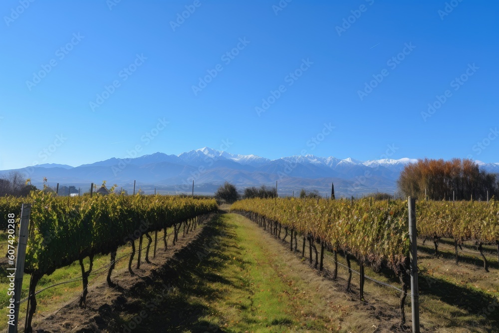 vineyard with mountains and clear blue skies in the background, created with generative ai