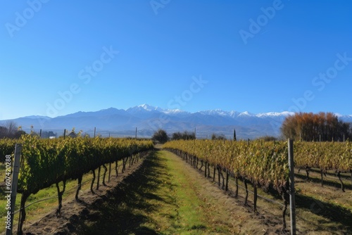 vineyard with mountains and clear blue skies in the background, created with generative ai