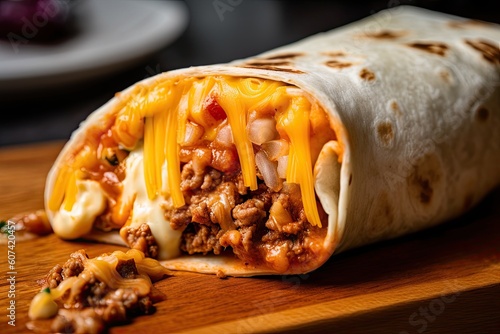 close-up of warm and fluffy burrito, with melted cheese and fresh ingredients visible, created with generative ai