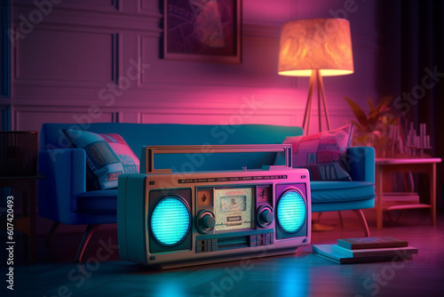 a retro vintage stereo music boom box, neon vaporwave color mood in a chill iliving room, generative ai illustration set photo