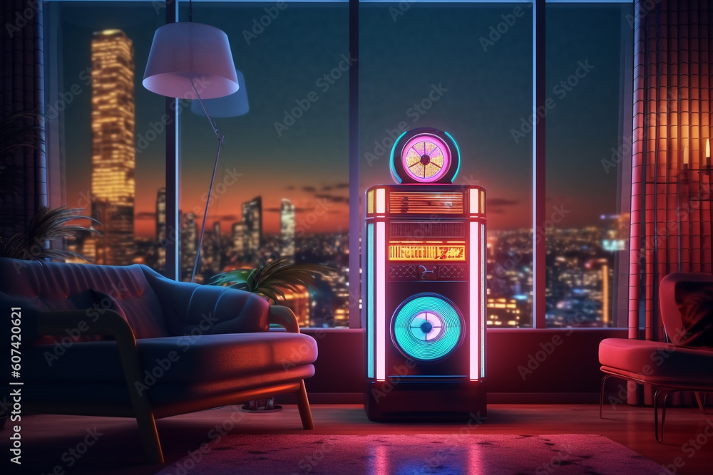 a retro vintage stereo music jukebox, neon vaporwave color mood in a chill iliving room, generative ai illustration set - obrazy, fototapety, plakaty 