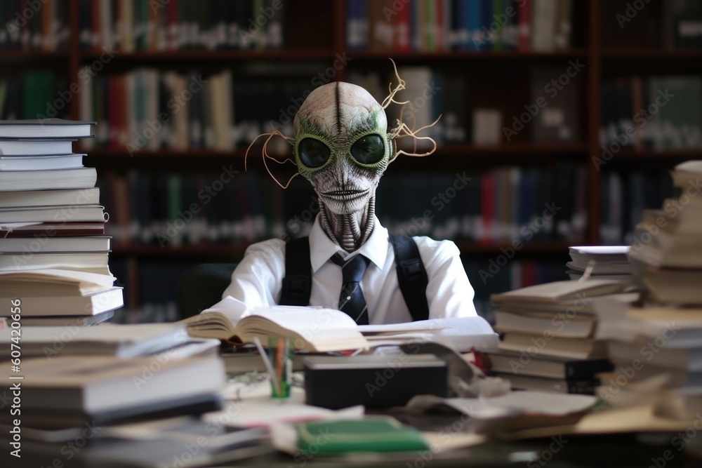 alien student, surrounded by books and notes, in the library, created with generative ai alien student, surrounded by books and notes, in the library, created with generative ai