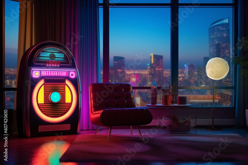 a retro vintage stereo music jukebox, neon vaporwave color mood in a chill iliving room, generative ai illustration set photo