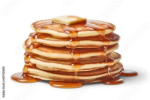 Delicious stack of pancakes with butter and syrup isolated on white background