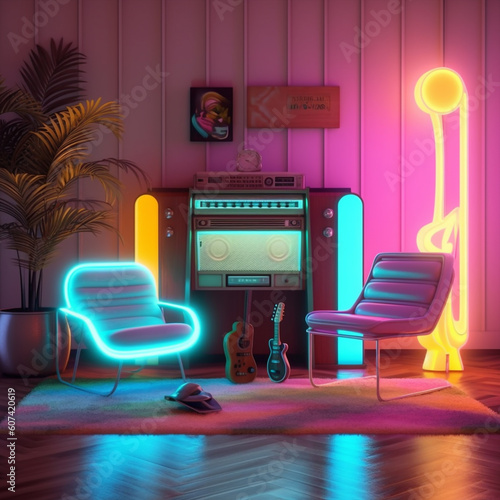 a retro vintage stereo music jukebox, neon vaporwave color mood in a chill iliving room, generative ai illustration set photo