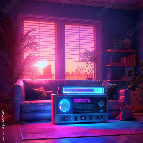 a retro vintage stereo music boom box, neon vaporwave color mood in a chill iliving room, generative ai illustration set photo