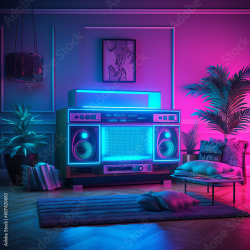 a retro vintage stereo music boom box, neon vaporwave color mood in a chill iliving room, generative ai illustration set