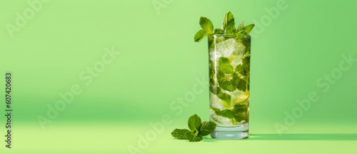 Bright Mint Lemonade With Ice Cubes On A Bright Green Background Created With The Help Of Artificial Intelligence