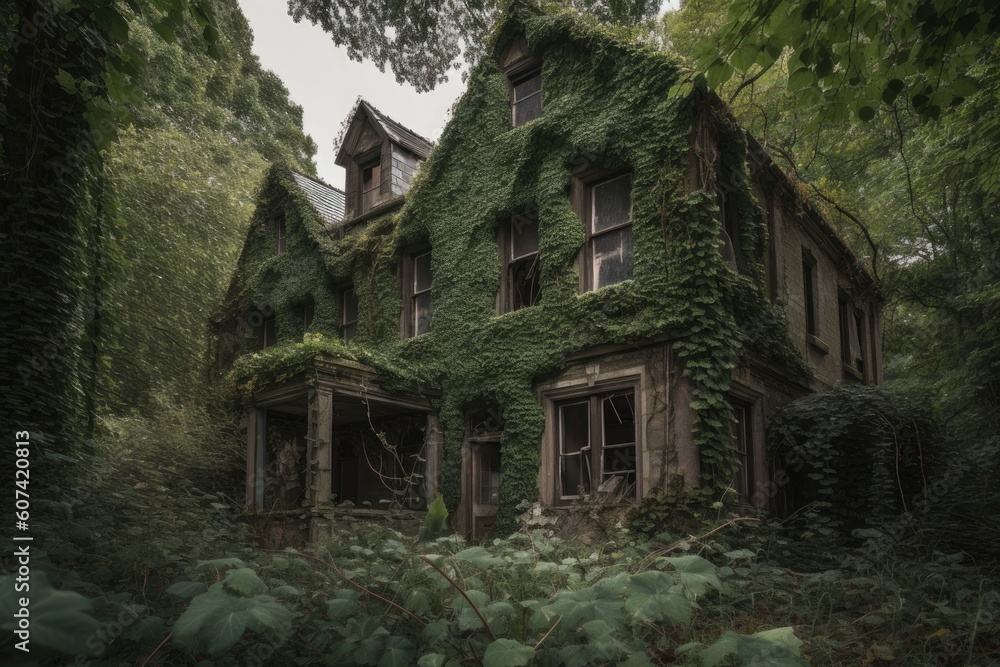 abandoned house, with the windows and doors boarded up, surrounded by overgrown foliage, created with generative ai abandoned house, with the windows and doors boarded up, surrounded by overgrown foliage, created with generative ai