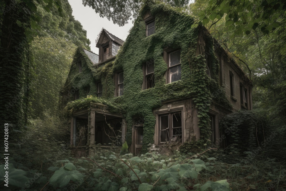 abandoned house, with the windows and doors boarded up, surrounded by overgrown foliage, created with generative ai