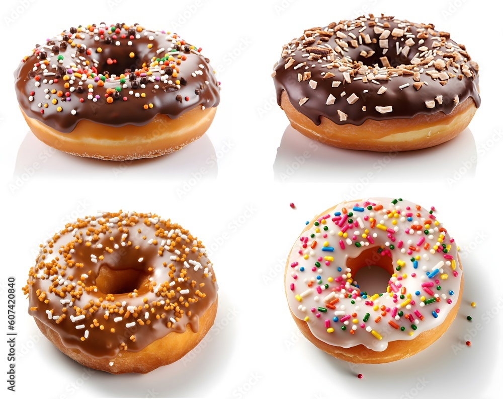 Selection of tasty donuts with chocolate and sprinkles