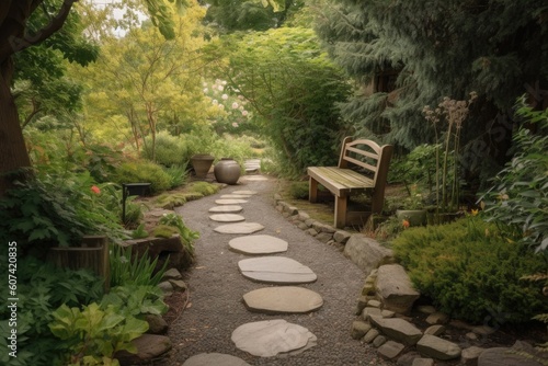quiet garden retreat, with stone path and benches for meditation, created with generative ai