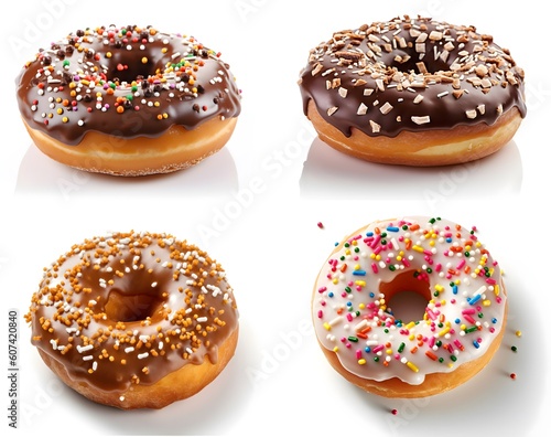 Selection of tasty donuts with chocolate and sprinkles