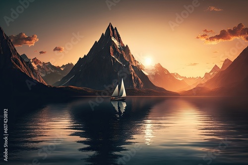 sailboat gliding past majestic mountain range  with the sun setting behind  created with generative ai