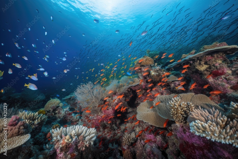 Fototapeta premium coral reef covered in schools of colorful fish and parrotfish, created with generative ai