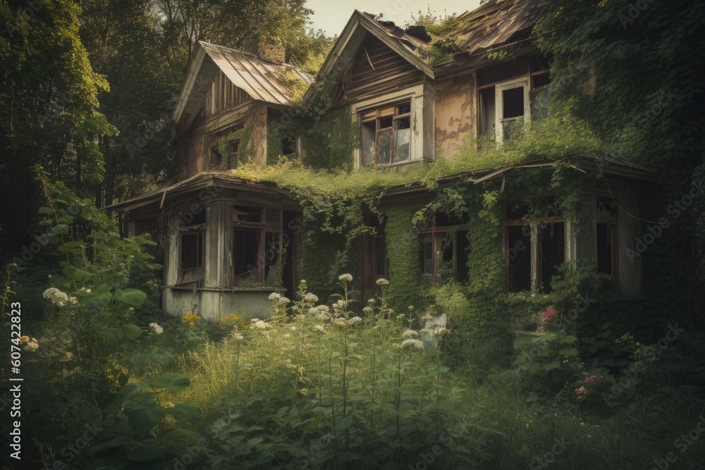 abandoned house with peeling paint and broken windows, surrounded by overgrown gardens, created with generative ai abandoned house with peeling paint and broken windows, surrounded by overgrown gardens, created with generative ai