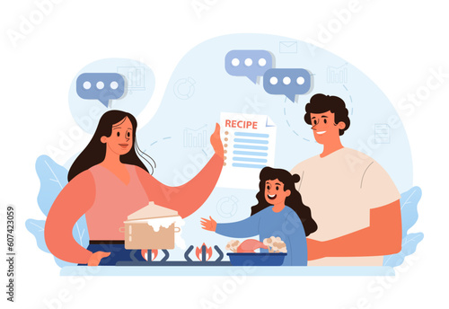 Parents teaching their child how to cook. Family making food