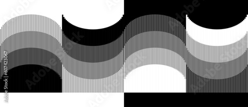 Abstract art geometric background with vertical lines and semicircles. Optical illusion with waves and transition. Black lines on a white background and white lines on the black side.